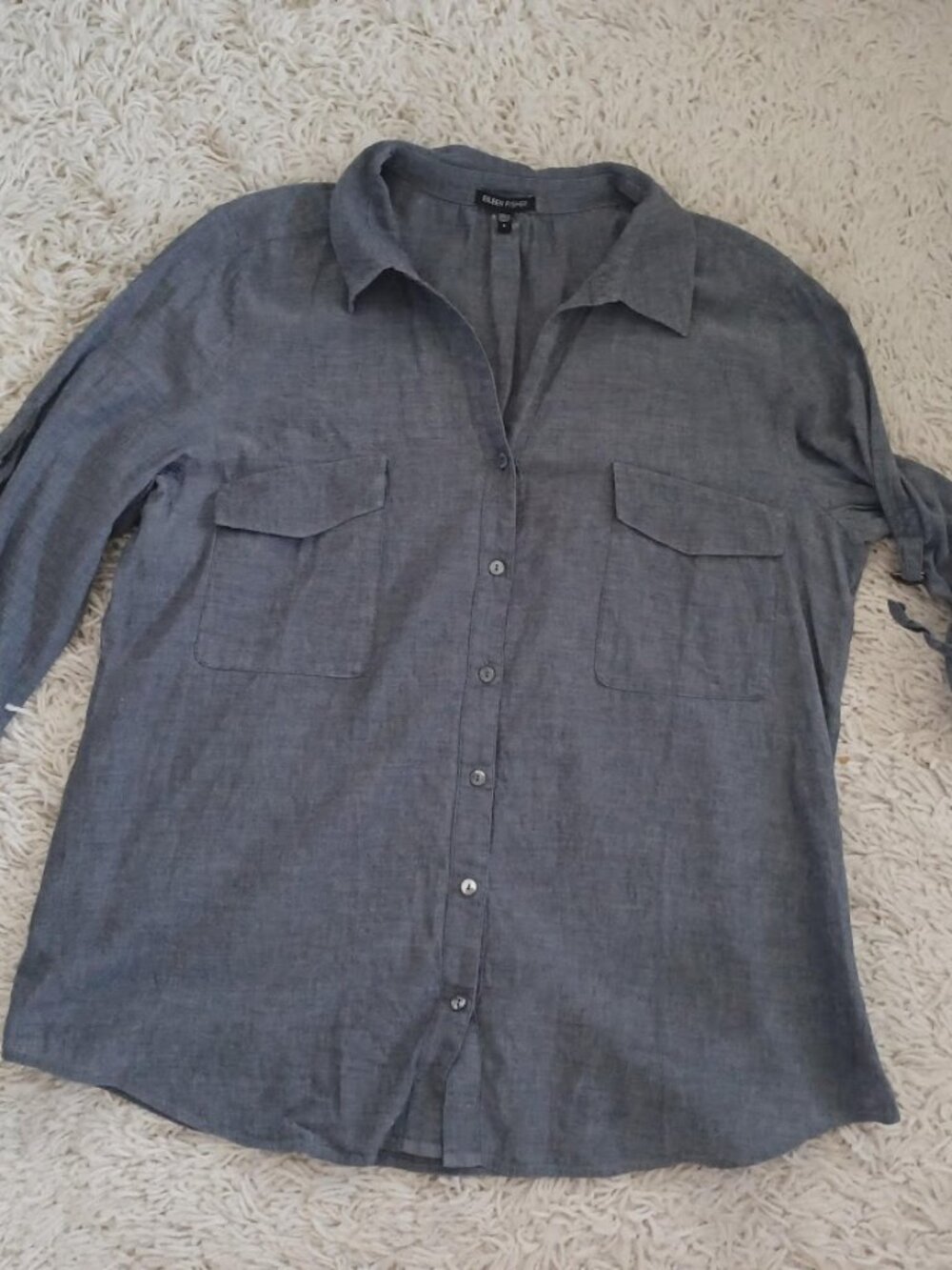 Eileen Fisher Womens L Linen Blend Button Up Gray Roll Tab Sleeve Lagenenlook